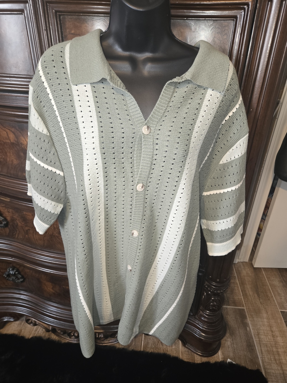 Art of Rhetoric Men's XL Short Sleeve Cardigan Sweater Sage Green Cream Striped